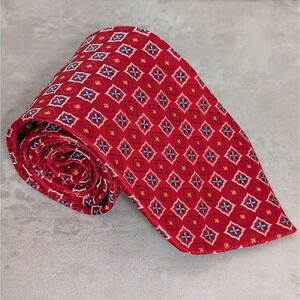 Roundtree & Yorke 100% Silk Red Men's Tie White Squares Hand Sewn In USA 59"x4"